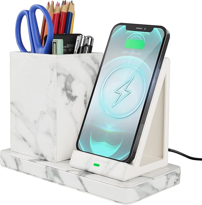 Wireless Charger with Desk Organizer Wireless Charging Station for iPhone 13/13 Pro Max/13 Pro/12 Series/11/XS Max/XR/X/8Plus/SE 2 Wireless Charging Stand with Leather… (Black)