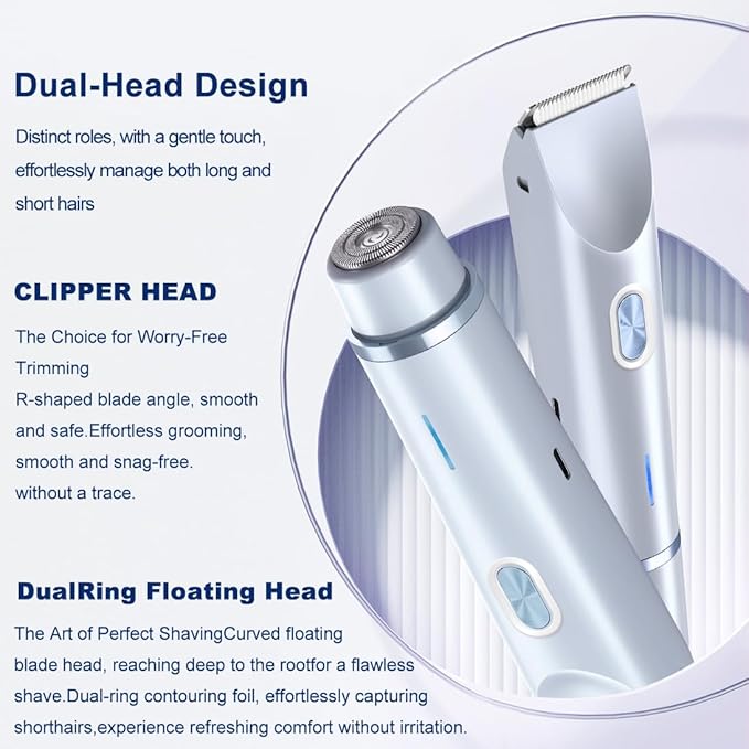 Bikini Trimmer for Women 2 in 1 Dual Head - IPX7 Waterproof Painless Electric Razors for Beauty, Pubic Hair, Face, Legs & Underarms– Portable Cordless Shaver with Fast Charging, Easy Cleaning (Blue)