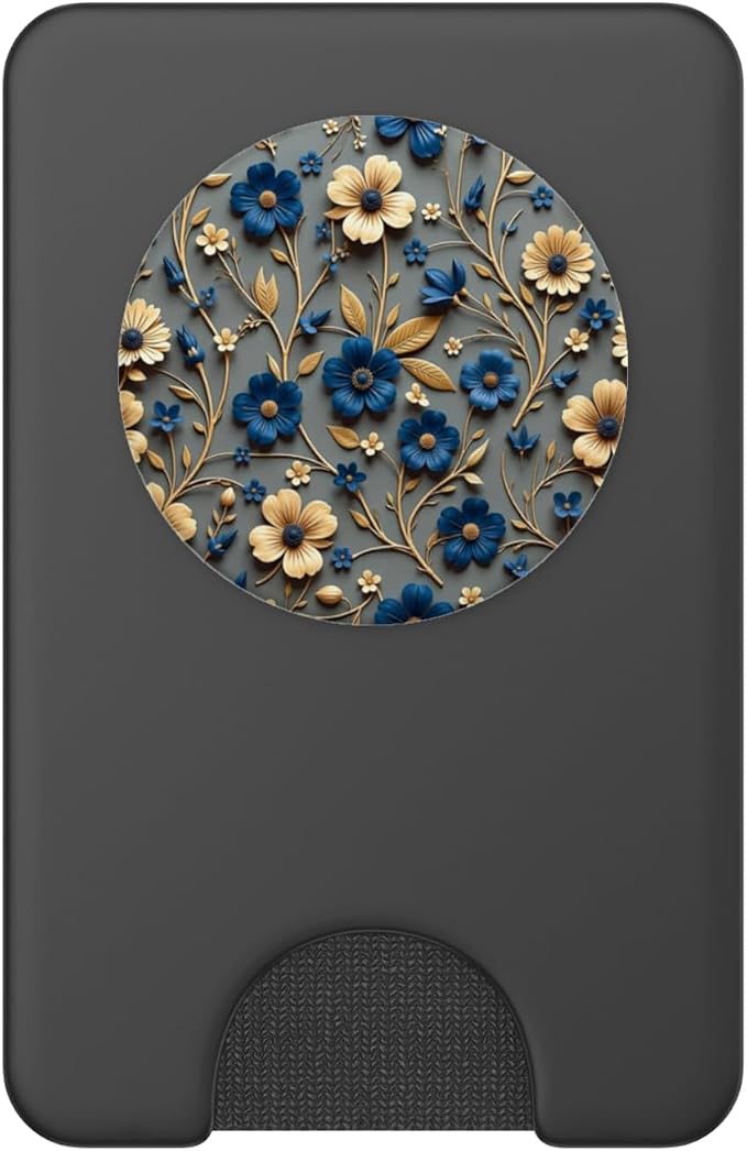 Beige and Blue Floral Print with Leaves Design PopSockets Adhesive PopGrip
