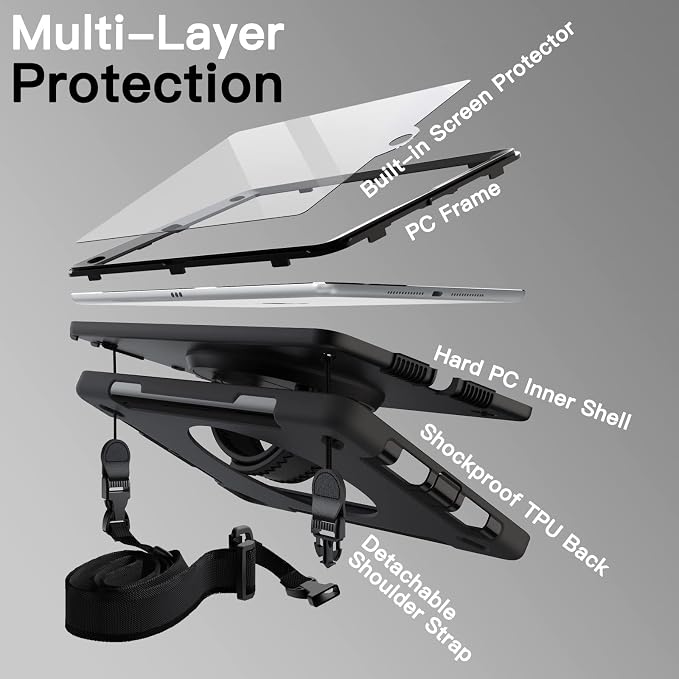 JETech Rugged Case for iPad 9th/8th/7th Gen 10.2 Black | Built-in Screen Protector 360° Rotating Hand Strap Stand Heavy Duty Shockproof Protection