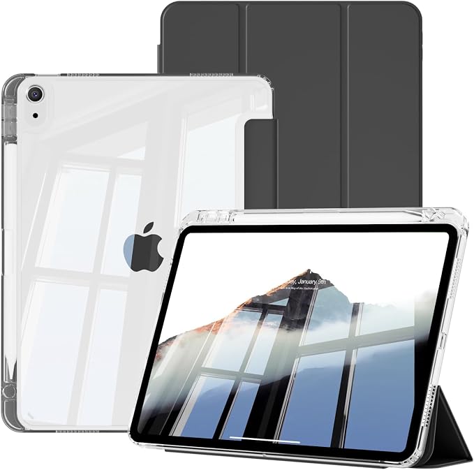 Case for iPad (A16) 11th Gen 11 Inch &amp iPad 10th Gen 10.9 Inch | Lightweight Trifold Stand Cover Clear Hard PC Back Shell with Pencil Holder Auto Sleep/Wake Black