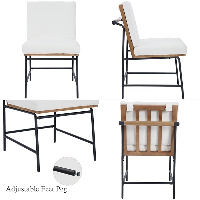 DUOMAY Mid-Century Modern Dining Chairs Set of 6, Sherpa Upholstered Side Chair with Rear Handle, Armless Chair with Metal Legs for Kitchen Dining Room Living Room Vanity, White