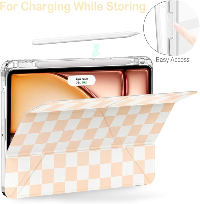 Feams Case for iPad Air 11-inch M4 2026 / M3 2025 / M2 2024 iPad Air 5th/4th Generation 2022/2020 10.9 Inch Y-Fold Standing Case Clear Back with Portrait Stand &amp Pencil Holder Beige Checkered