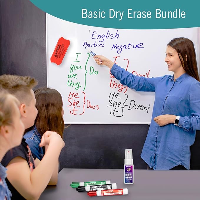 Dry Erase Markers Chisel Tip Set, 4 Whiteboard Markers, Whiteboard Cleaner and Eraser, Low Odor Dry Erase Marker with Eraser Bundle for Home, Teachers Supplies, and School Supplies
