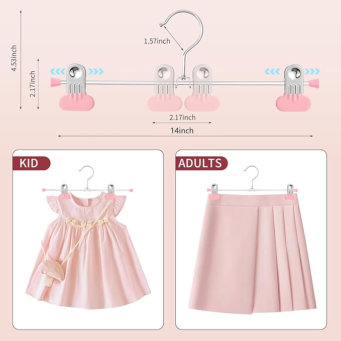 14Inch Pants Hangers with Wide Clips 50 Pack Adjustable Skirt Hangers for Women Non-Slip Clothes Hanger for Pants Heavy Duty Space Saving Trousers Hanger for Jeans,Shorts Pink