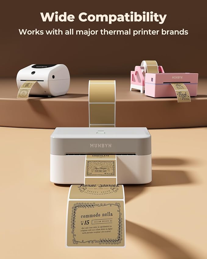 MUNBYN 2"x2" Square Thermal Labels, Compatible with Multiple Thermal Printers, Strong Adhesive, White Address Labels for Barcode, 750 Sheets/Roll, Brown