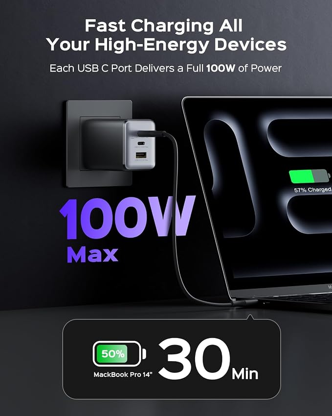 100W USB C Wall Charger 3-Port PPS PD 3.0 Compact Foldable Wall Charger Block Fast Power Adapter for MacBook Pro/Air Dell XPS iPad Pro iPhone 17/16/15 Galaxy S25/S24 (Black)