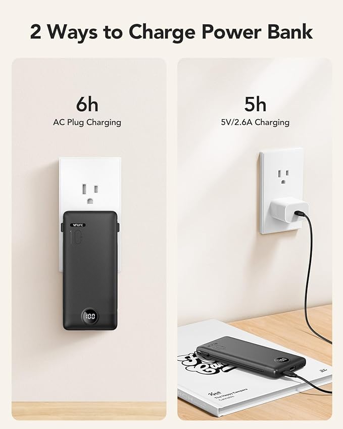 VRURC Portable Charger Power Bank Built-in Cables and AC Wall Plug | USB C Portable Bank 10000mAhTravel Essentials Phone Charger Compact External Battery Pack for Smart PhonesTablets-Black