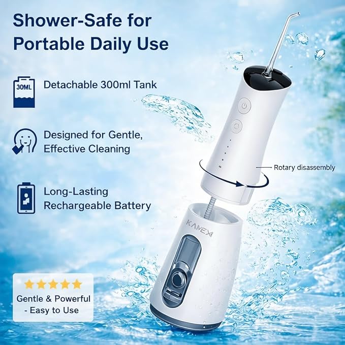KAMEX Cordless Water Dental Flosser for Teeth Cleaning: Portable Oral Irrigator with 300ML Tank, 4 Cleaning Modes, Rechargeable IPX7 Waterproof Travel Water Flosser for Sensitive Gums, Braces