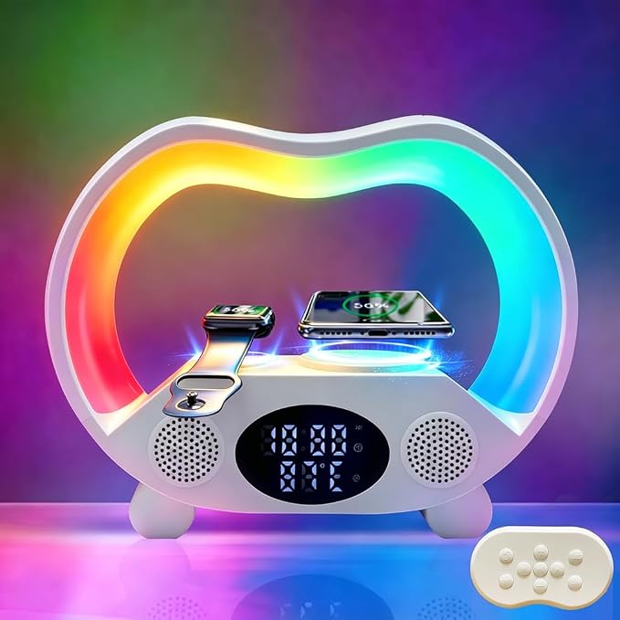 IHAO 3in1 Multifunctional Foldable Wireless Charging Station with LED Ambient Night Light Fast QC3.0 Charger for Phone iWatch Headphone Space-Saving Auto-Shutoff &amp Overcharge Protection-Black