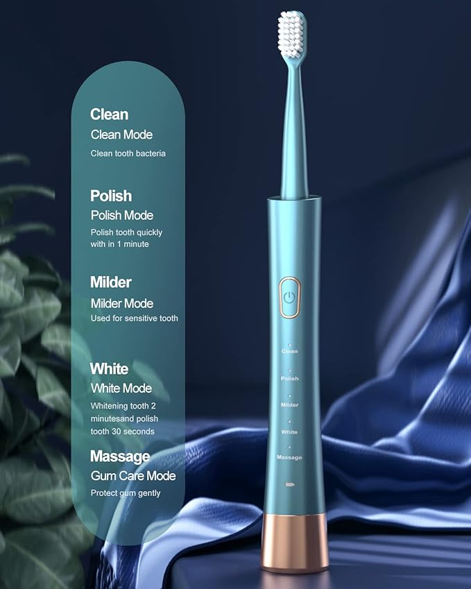 AJELU USB Rechargeable Sonic Electric Toothbrush for Adults, Powered Motor High Vibration Teeth & Gum Care, Soft Dupont Brush Heads, 2 Minutes Timer 5 Modes, Green
