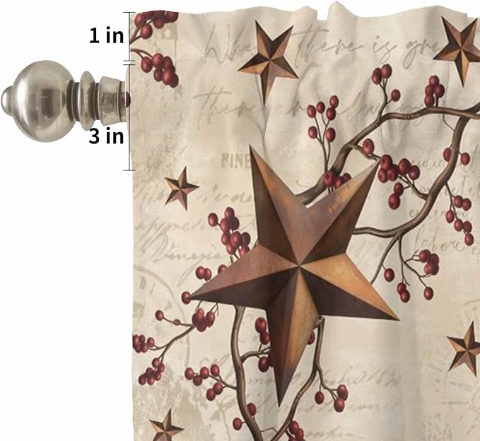Kitchen Curtains Tiers and Valance Set of 3, Retro Country Stars Rustic