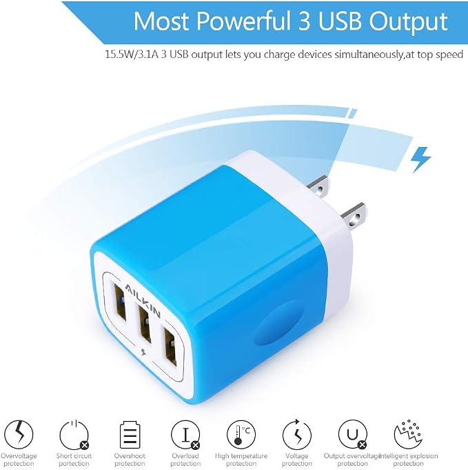 Wall Charger AILKIN 3.1A MultiPort Fast Charger Plug Travel Home Power Adapter Quick Charging Block Base Boxed for iPhone 15 14 13 12 11 10 8 7 Pro Max Mini Samsung Galaxy Pixel Kindle USB Brick