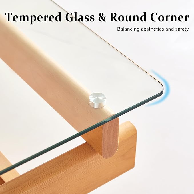 IWOOD Glass Coffee Table for Living Room,100% Solid Wood Coffee Table with Rectangular Tempered Glass Top,Mid Century Modern Coffee Table,Wood