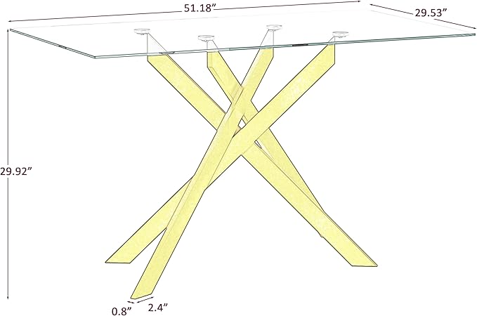 HomVent 51.18"" Rectangular Clear Tempered Glass Dining Table,Stylish Design with Golden Metal Legs, Glass Kitchen Table Glass Dining Room Table Glass Dinner Table for Dining Room, Gold10