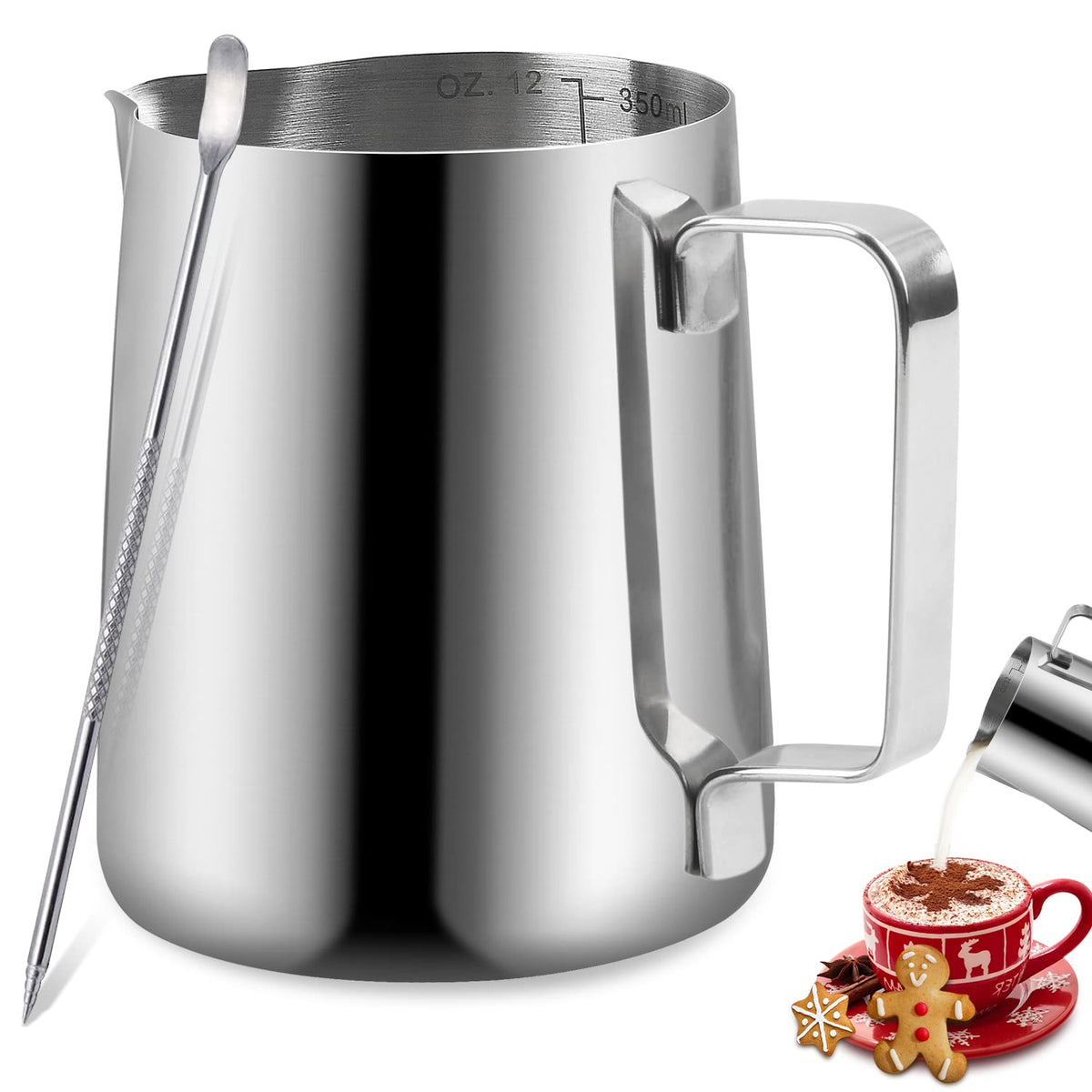 Milk Frothing Pitcher, 12OZ/350ML Stainless Steel Espresso Steaming Pitcher Coffee Milk Frother Cup with Decorating Art Pen for Espresso Machine, Milk Frother, Latte Art Black