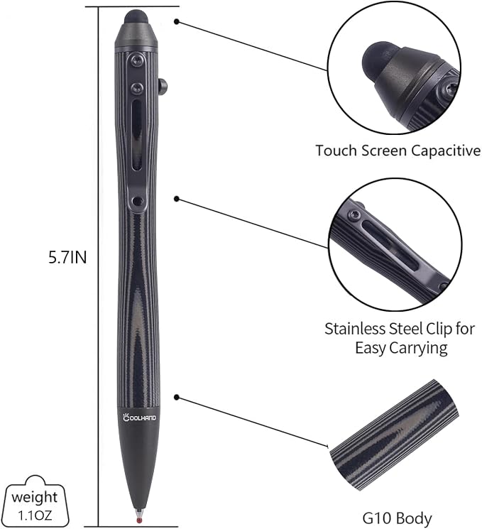 5.7'' G10 EDC Bolt Action Pen Touch Screen Stylus Model 5375-N | Refillable ballpoint ink G10 body with pocket clip ergonomic grip comes with a free refill