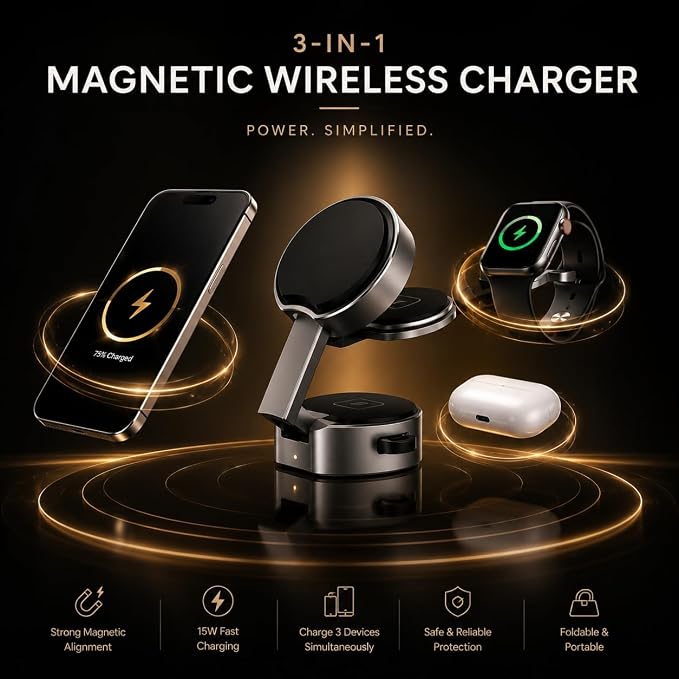 Wireless Charger Mini 3-in-1 | 15W Fast Charging Foldable Magnetic Desktop Charging Station for iPhone and Apple Watch