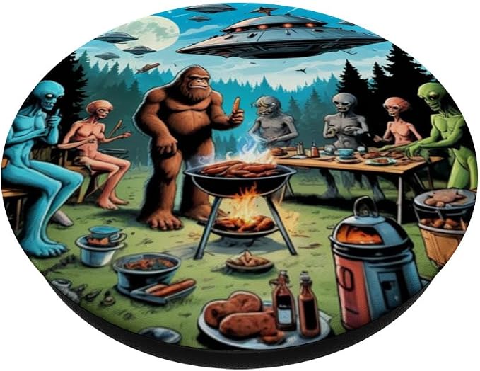 Alien and Bigfoot BBQ UFO Illustration Print PopSockets PopWallet for MagSafe