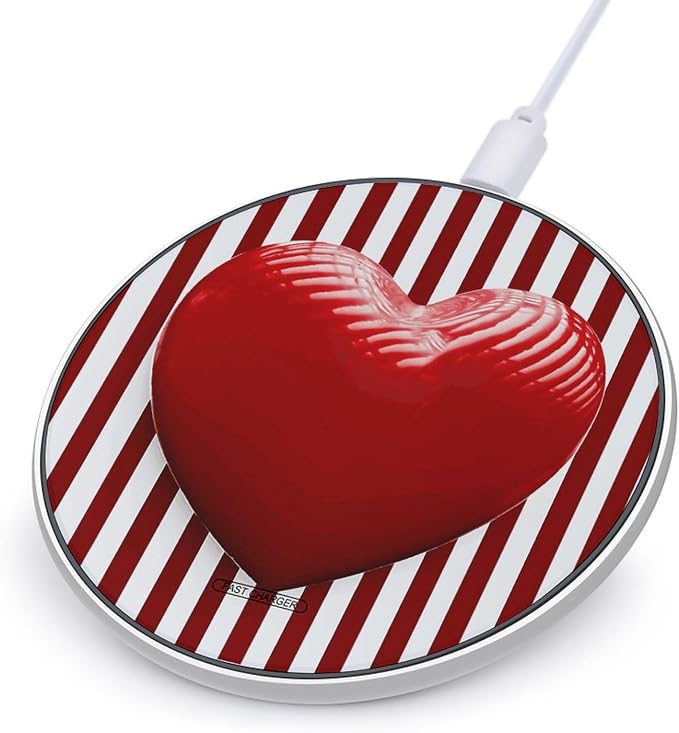Red and White Striped Heart Wireless Charger Portable Fast Charging Pad Lightweight Wireless Charging Pad 10W Slim Charging Station for Phone Charger Mat for Travel Home Office Desk