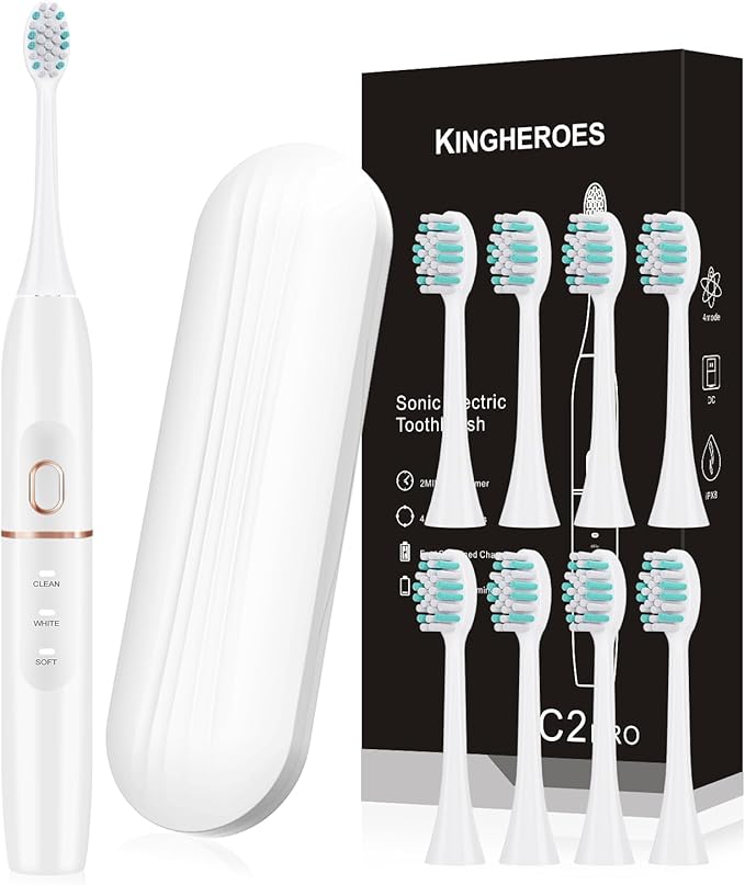 kingheroes Electric Toothbrush Set, Comes with 8 Brush Heads & Travel Case,4 Modes with 2 Minutes Built in Smart Timer, One Charge for 60 Days, 42000 VPM Motor (White)