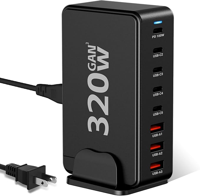 Upgrade USB C Desktop Charger, 320W 8-Port GaN III Fast Charging Station Hub 100W PD Laptop Charger with 5-Foot Cable for MacBook Pro/Air, Dell XPS, iPhone 17/16/15, Galaxy S25, iPad Pro/Air