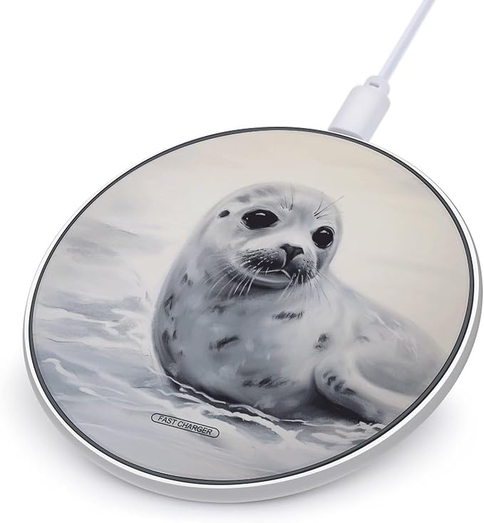 Harp Seal Painting Wireless Charger Aluminum Alloy Frame 10W Fast Charging Pad with Indicator Light 6mm Thin &amp Portable Wireless Charging Pad for Travel Home Office Desk