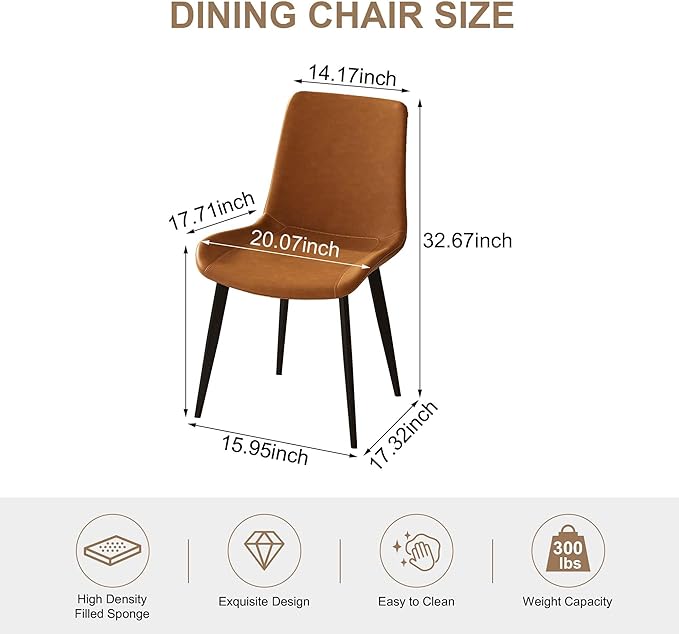 Dining Chairs with Comfortable Backrest and Sturdy Metal Legs, Modern Upholstered PU Leather Kitchen & Office Chairs for Dining Room, Restaurant Or Living Room (Brown, 4-Set)