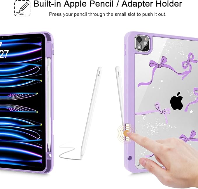 Tuiklol for iPad Pro 11 Inch 4th / 3rd / 2nd / 1st Gen (2022 2021 2020 2018) Case -Built-in Pencil Holder Shockproof Cover Clear Transparent Back Shell with Auto Wake/Sleep Black Flower
