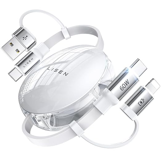 LISEN 5 in 1 Retractable Cord 60W Multi Charging Cable for Multiple Devices | USB-C/A/L Ports Retractable Chargers for iPhone 17/16/15/14/13/12/11 Pro/Max Galaxy S25/S24/S23 iPad Pro/Air