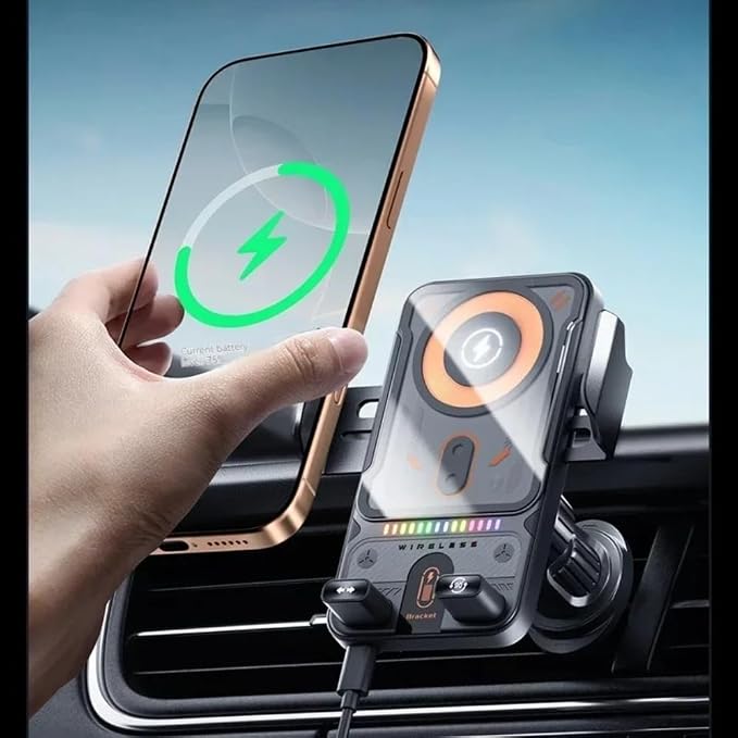 Auto-Clamping Car Wireless Charger RGB Light Phone Holder Stand Touching 360 Rotation Fast Charging Bracket for iPhone Samsung (Black)