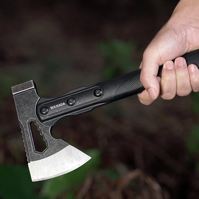 SULKADA Camping Hatchet, 10.5 Inch Survival Axe,Stainless-Steel Blade,Fiberglass Shock Reduction Handle with Anti-Slip Grip, for Chopping Wood,Gardening and Outdoor Survival,Gift for Dad Men
