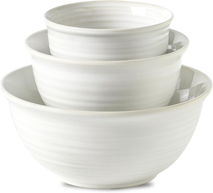 HASENSE Ceramic Mixing Bowls Set, 2.1/1.0/0.5 Qt, Handmade Salad Serving Bowls for Kitchen, Deep Nesting Dishes for Storage and Baking, Microwave Dishwasher Safe, Clay-Infused White