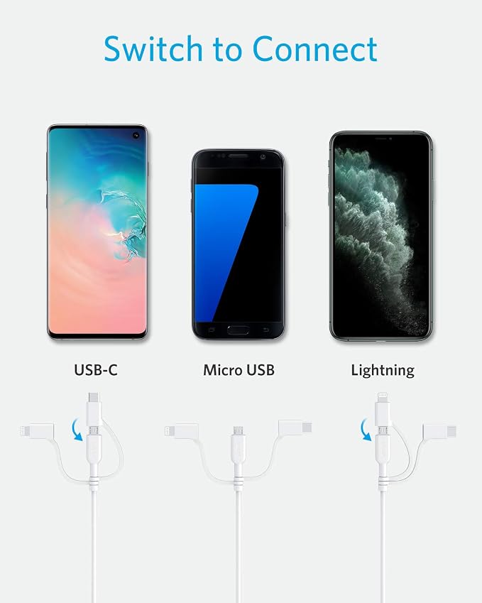 Anker Powerline II 3-in-1 Cable Lightning/Type C/Micro USB Cable for iPhone iPad Huawei HTC LG Samsung Galaxy Sony Xperia Android Smartphones iPad Pro 2018 and More(3ft Black) | 3-in-1 Cable