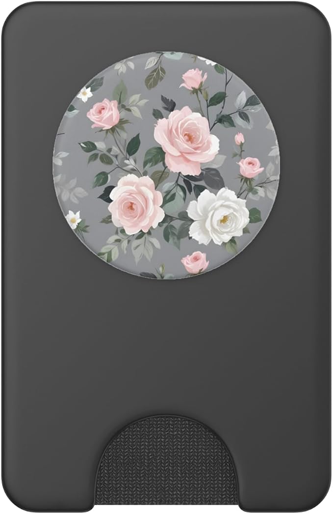 Pink Flowers Gray Leaves PopSockets Adhesive PopGrip