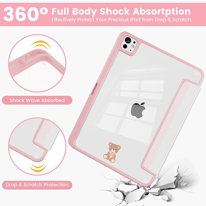 Case Compatible with iPad Pro 11 inch M5 2025 6th Generation / M4 2024 5th Generation Shockproof Hybrid Slim Stand Cover with Clear Back Shell &amp Pencil Holder Auto Wake/Sleep Black