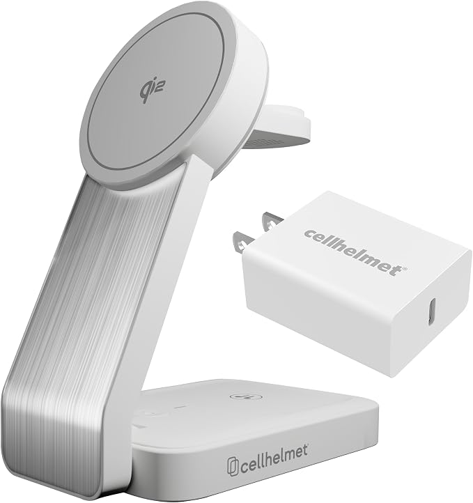 Foldable Magnetic Mag-Safe Wireless Charging Station cellhelmet Qi2 3 in 1 Fast Wireless Charging Stand with 20W PD Wall Block