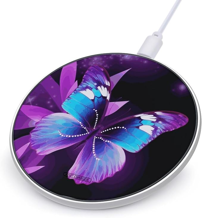 Blue Purple Butterfly Wireless Charger Aluminum Alloy Frame 10W Fast Charging Pad with Indicator Light 6mm Thin &amp Portable Wireless Charging Pad for Travel Home Office Desk