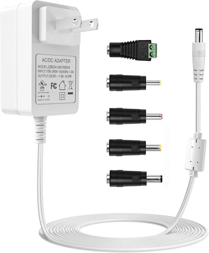 24V Power Supply Withe AC 100-240V to DC 24 Volt 1A 24W Adapter. | DC 24V Power Cord Class 2 with 5 Tips for LED Light Strip String Lights Soundbar Massage Gun and More.