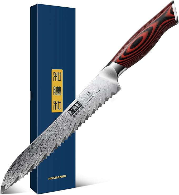 HOSHANHO 8" Damascus Bread Knife, Ultra Sharp Serrated Sourdough Knife