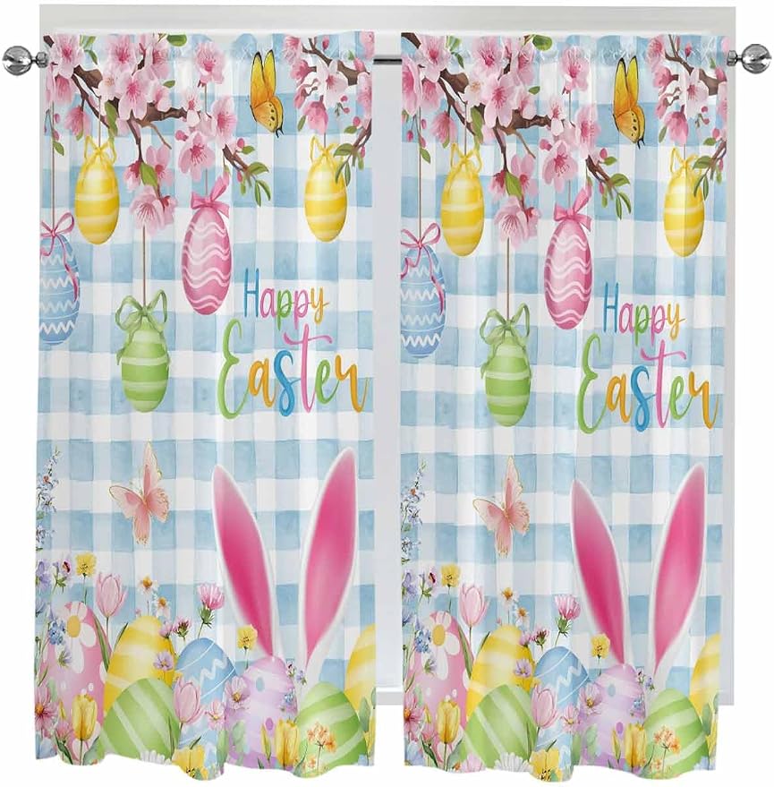 Happy Easter Living Room Curtains 72 Inches length, Spring Watercolor Bunny