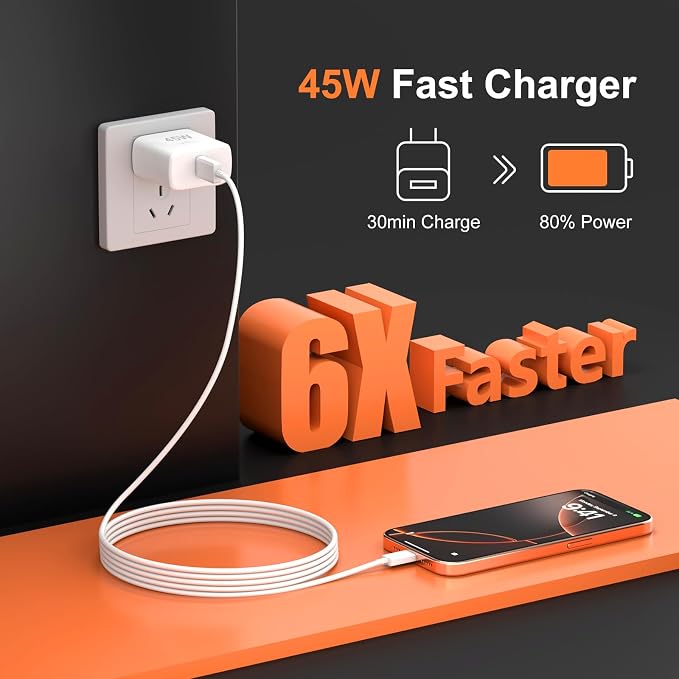 45W USB C Charger Compatible with iPhone 17/17 Pro/17 Pro Max/Air/16/16 Pro/16 Pro Max/15/15 Pro Max2Pack 6.6FT Type C Charger Block &amp CableSuper Fast Charging for Samsung Phone
