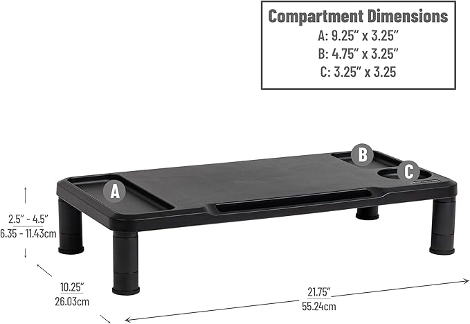 Mind Reader Monitor Stand, Laptop Riser, Desktop Organizer, Office, Plastic, 21.75" L x 10.25" W x 4.5" H, Set of 2, Black