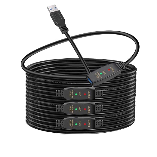 100ft Active USB 3.0 Extension Cable Male to Female USB Extender with 3 Signal Boosters SuperSpeed 5Gbps Data Cord (Micro USB Power Cable Included) for Webcams Printers VR Security Cameras