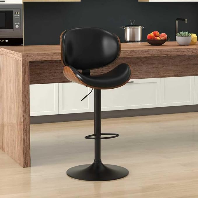 KCC Bar Stools, Swivel Adjustable Height Barstools, PU Leather Upholstered Bar Chairs with Footrest, Bentwood Bar Stool for Kitchen, Bar, Dining Room(Black PU)