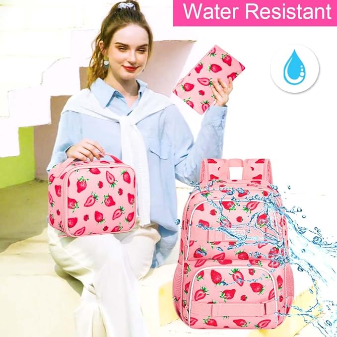 3PCS Backpack for Girls, 17" Water Resistant School Bag with Lunch Box, Cute Strawberry Bookbag Set for Women College Teenagers High Middle Elementary