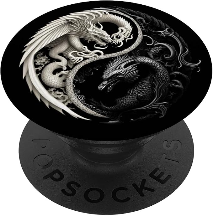 Aesthetic Illustration Art Dragon Black And White Yin Yang PopSockets Standard PopGrip
