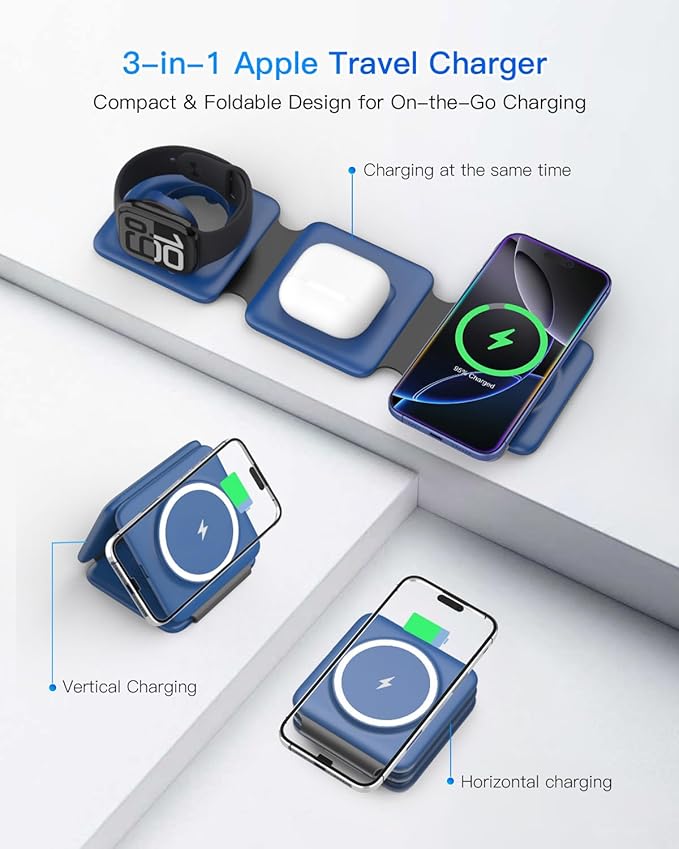 Iseyyox Charging Station for Apple Devices - 3 in 1 Magnetic Foldable Wireless Charger Dock - Travel Charging Pad for MagSafe iPhone 16 15 14 13 12 Pro Max Plus Watch & Airpods
