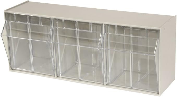 Akro-Mils TiltView Plastic Storage Cabinet with 3 Tilt Out Bins, Horizontal Plastic Parts Organizer, Teacher Toolbox, and Office Supply Organizer, 23-5/8" W x 9-7/16" H x 7-7/8" D, Stone