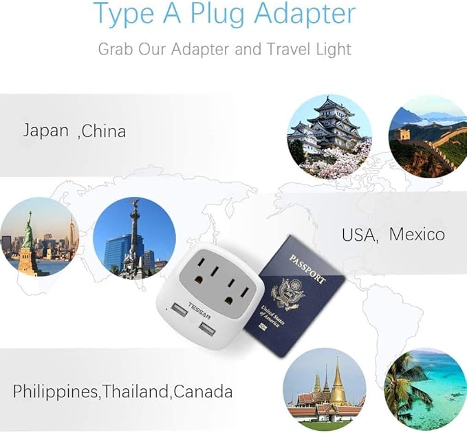 TESSAN US to Japan Plug Adapter, 2 Prong to 3 Prong Outlet Adapter with Two AC Outlets 2 USB Ports, Travel Power Adaptor for USA to Japanese Tokyo Canada Mexico Philippines Peru Colombia, Type A